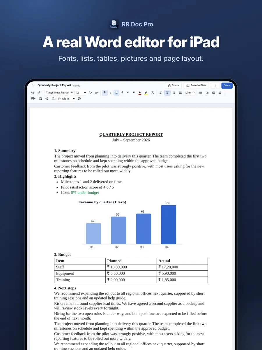 RR Doc Pro on iPad editing a Word document