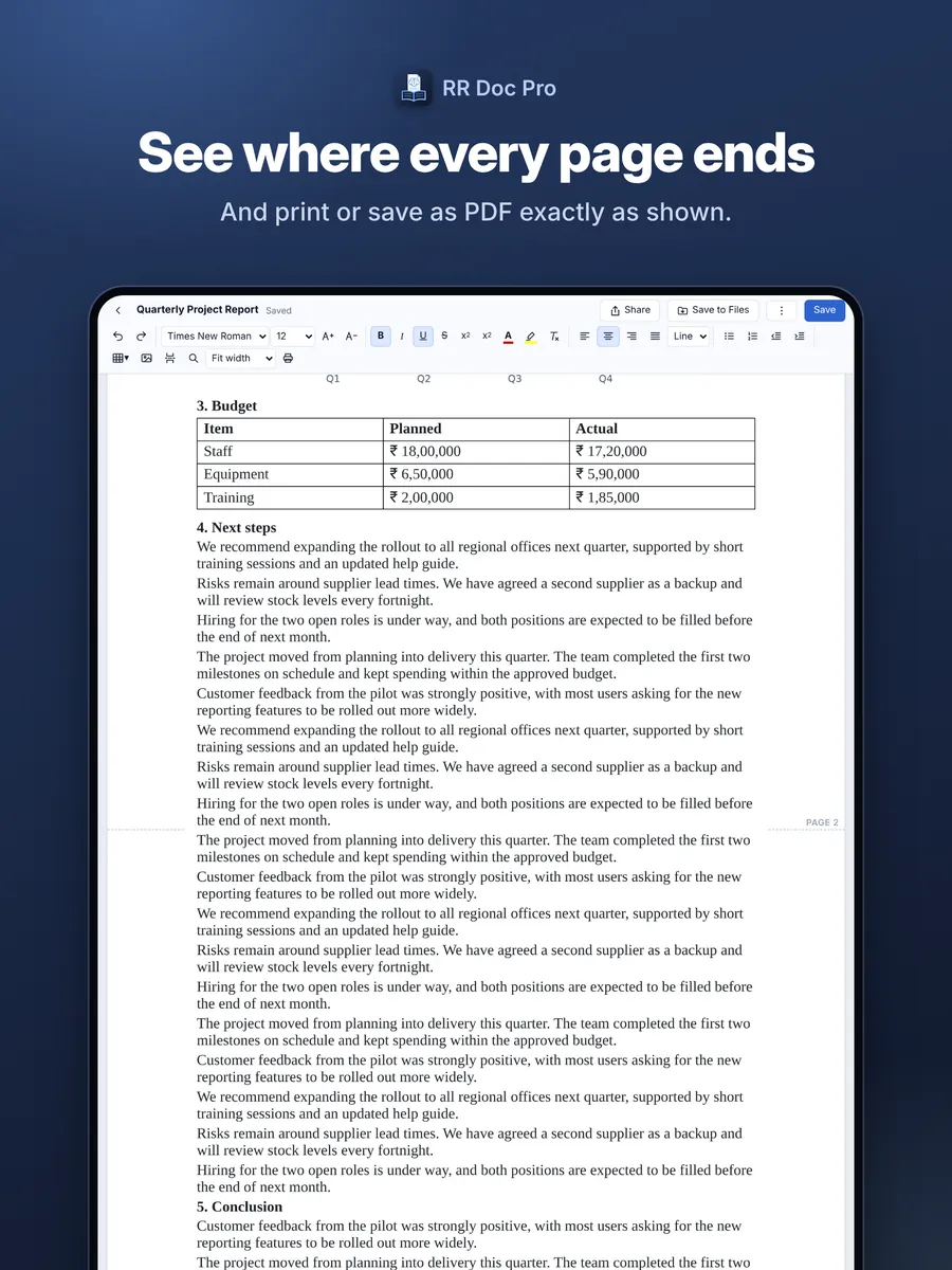 Page-split marks on iPad showing where each printed page ends