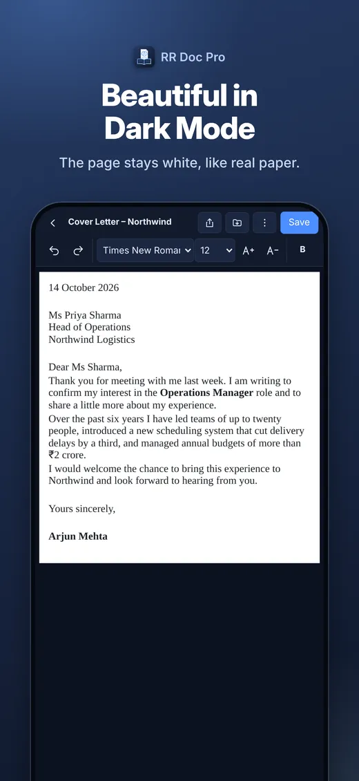 RR Doc Pro on iPhone in dark mode, with the page kept white