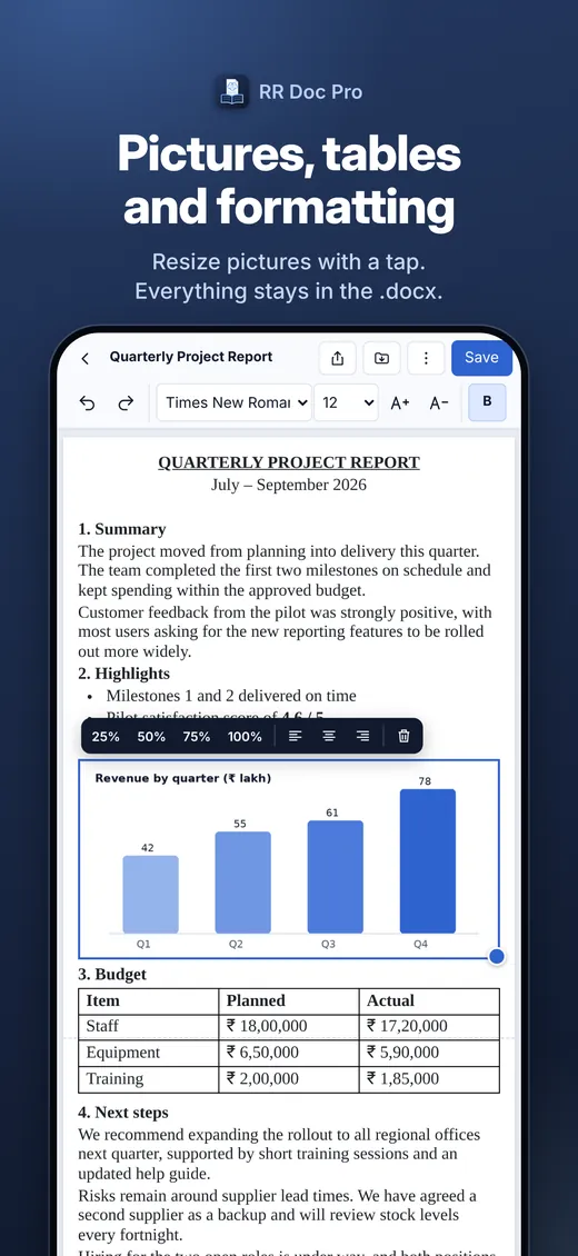 Resizing a picture in a Word document on iPhone