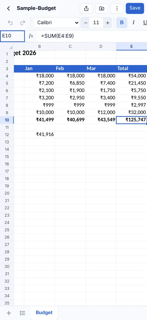 The same spreadsheet open in RR Sheets Pro on iPhone