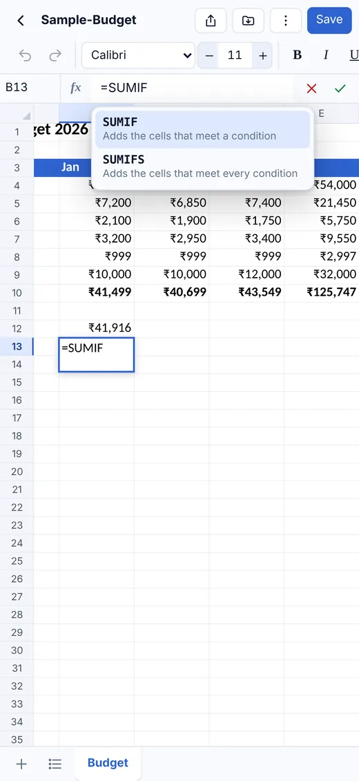 Typing a formula with function suggestions on iPhone