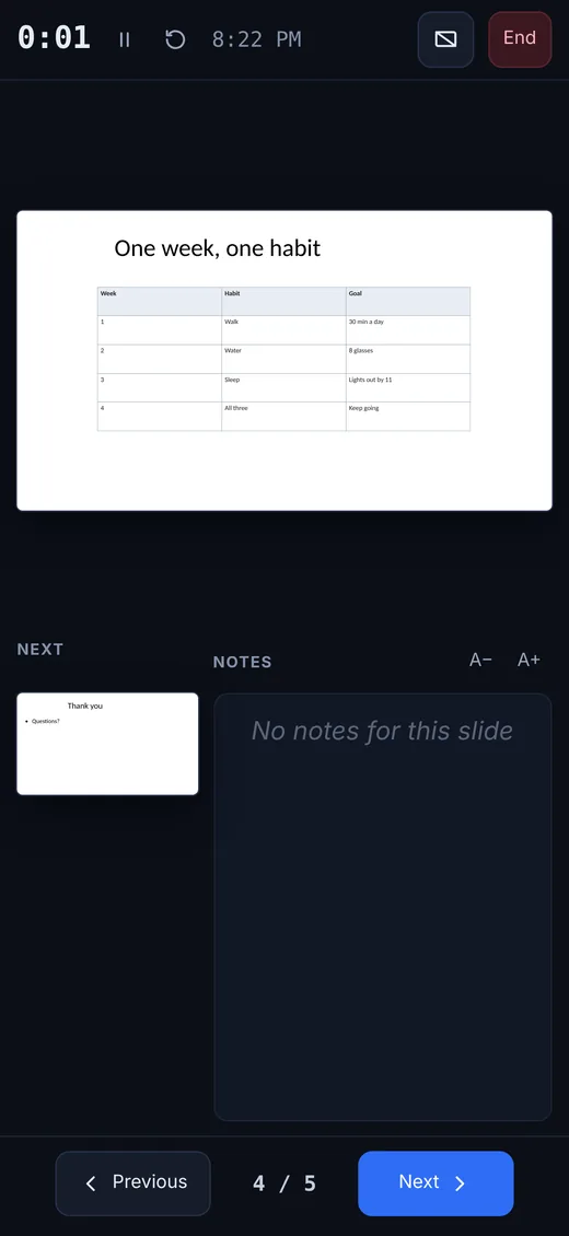 Presenter view on iPhone: timer, notes and the next slide