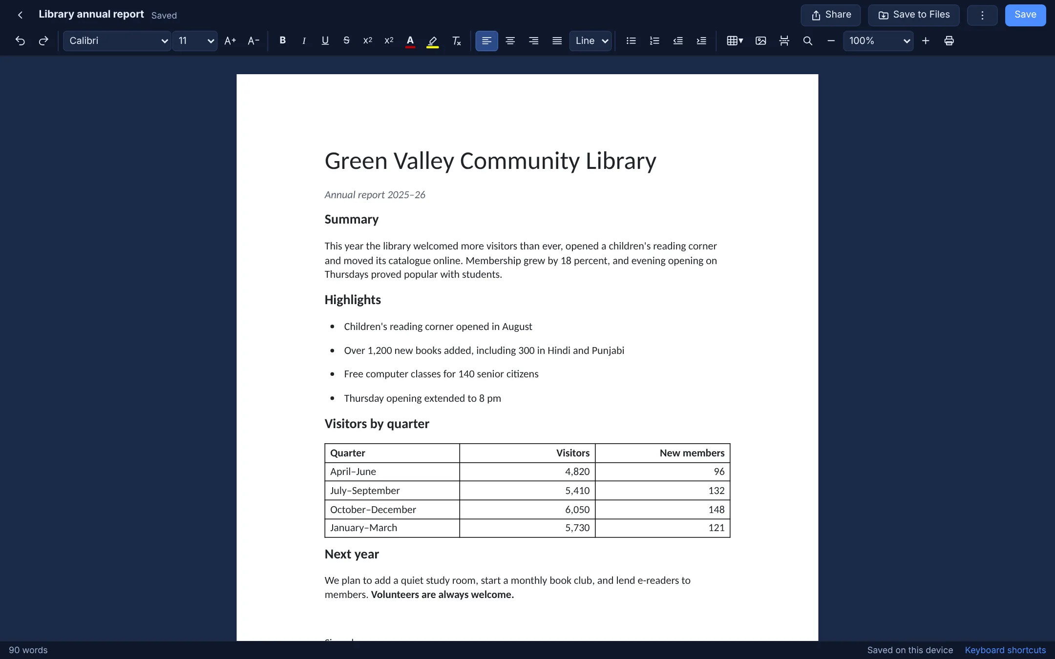 The same report in dark mode on Windows
