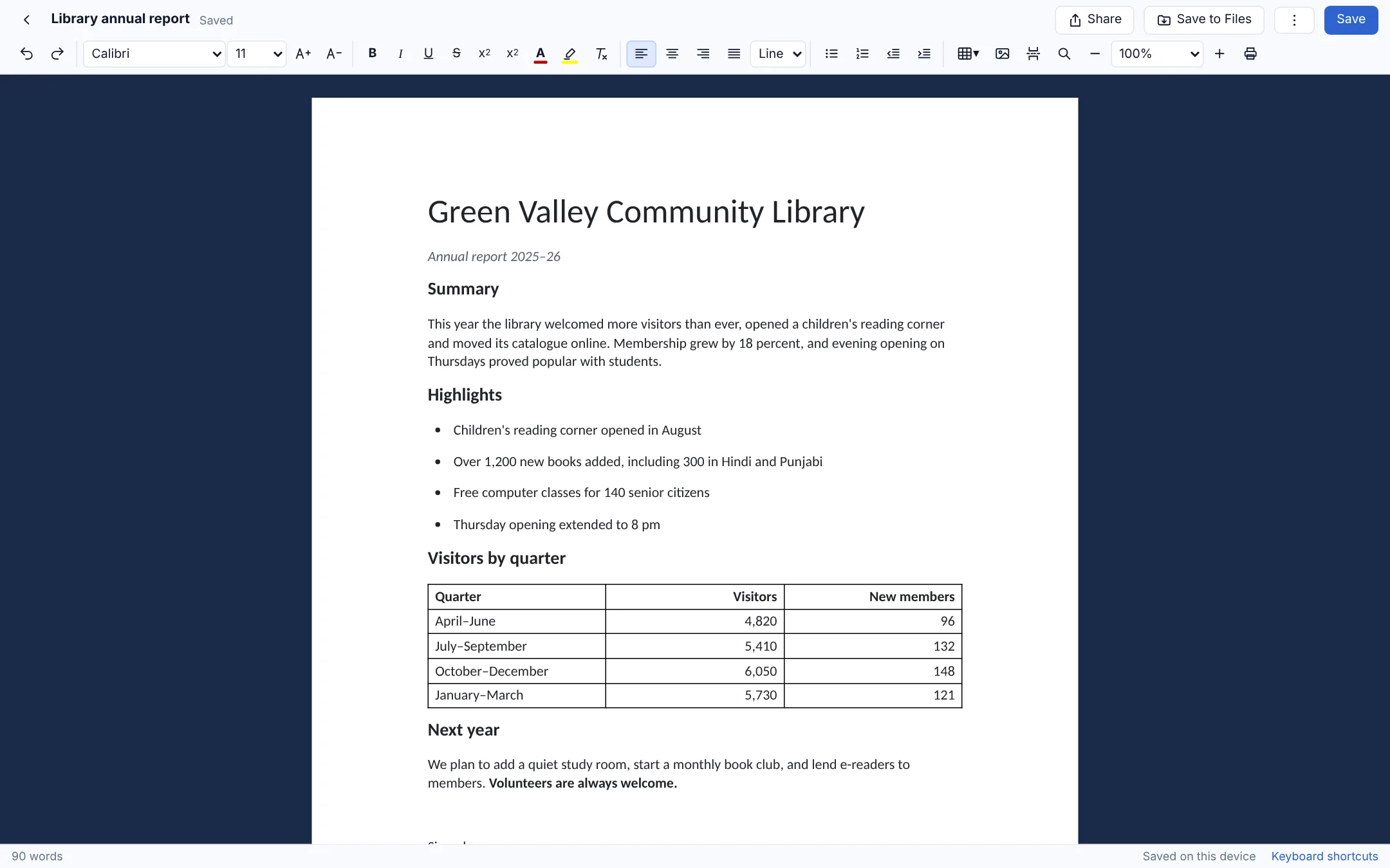 The document editor with a Word report, on a Mac