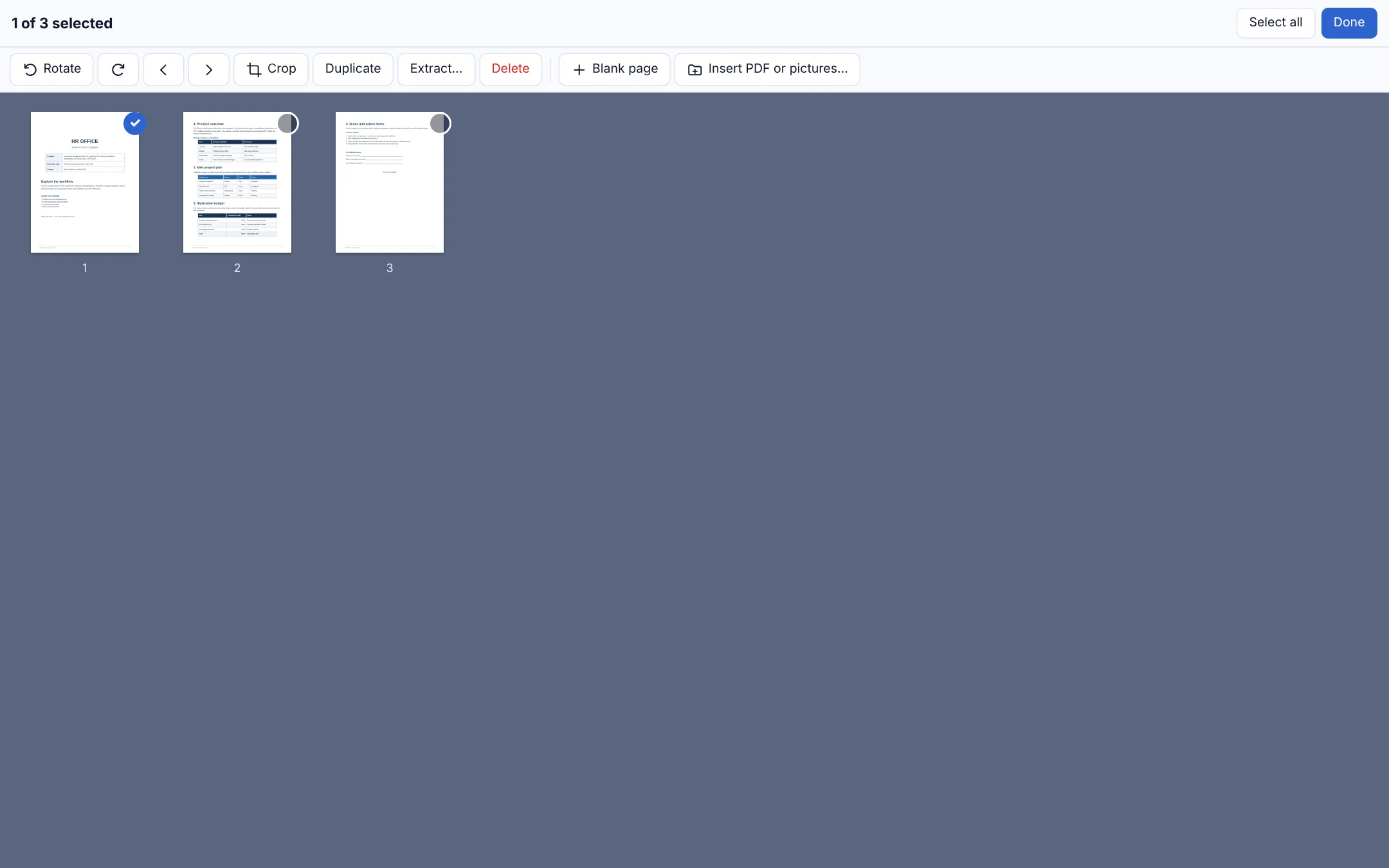 Pages: select, rotate, crop, extract or insert