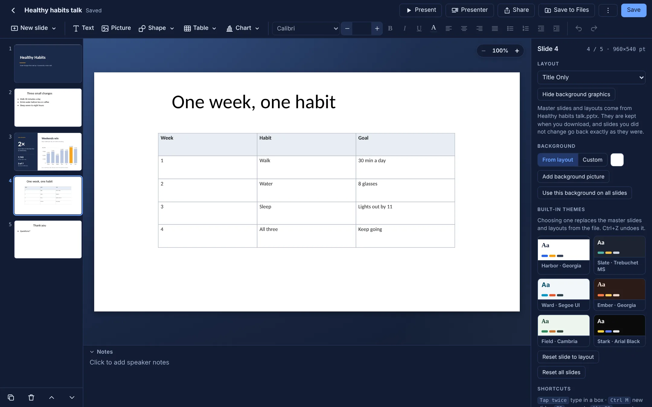 A table slide, in dark mode