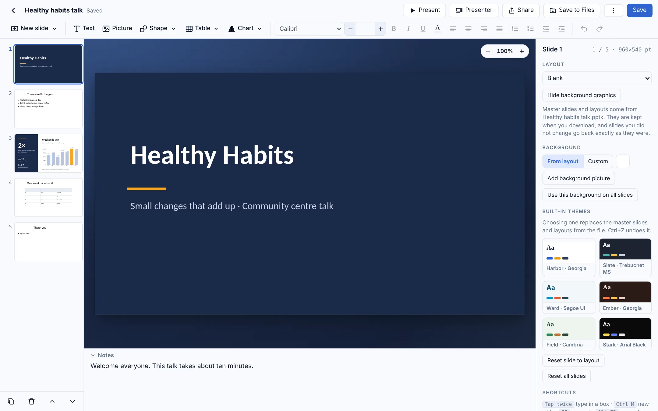 The title slide with speaker notes