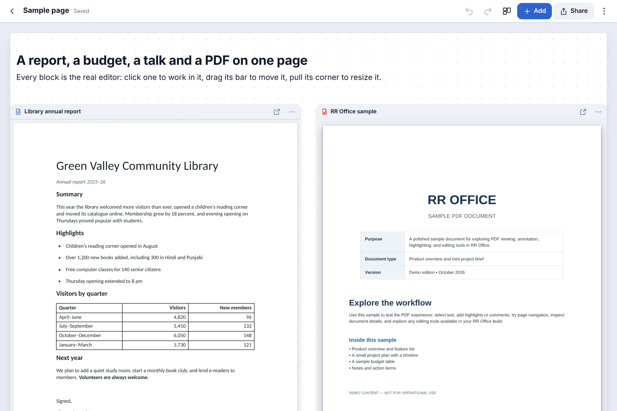 A Universal page with a document, a PDF, a spreadsheet and slides