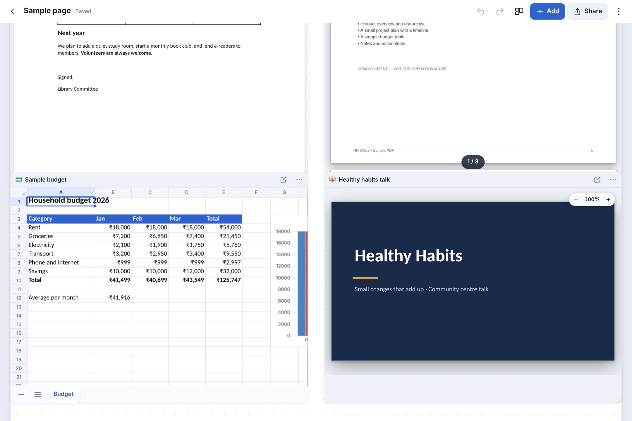 Further down: the budget spreadsheet and the talk